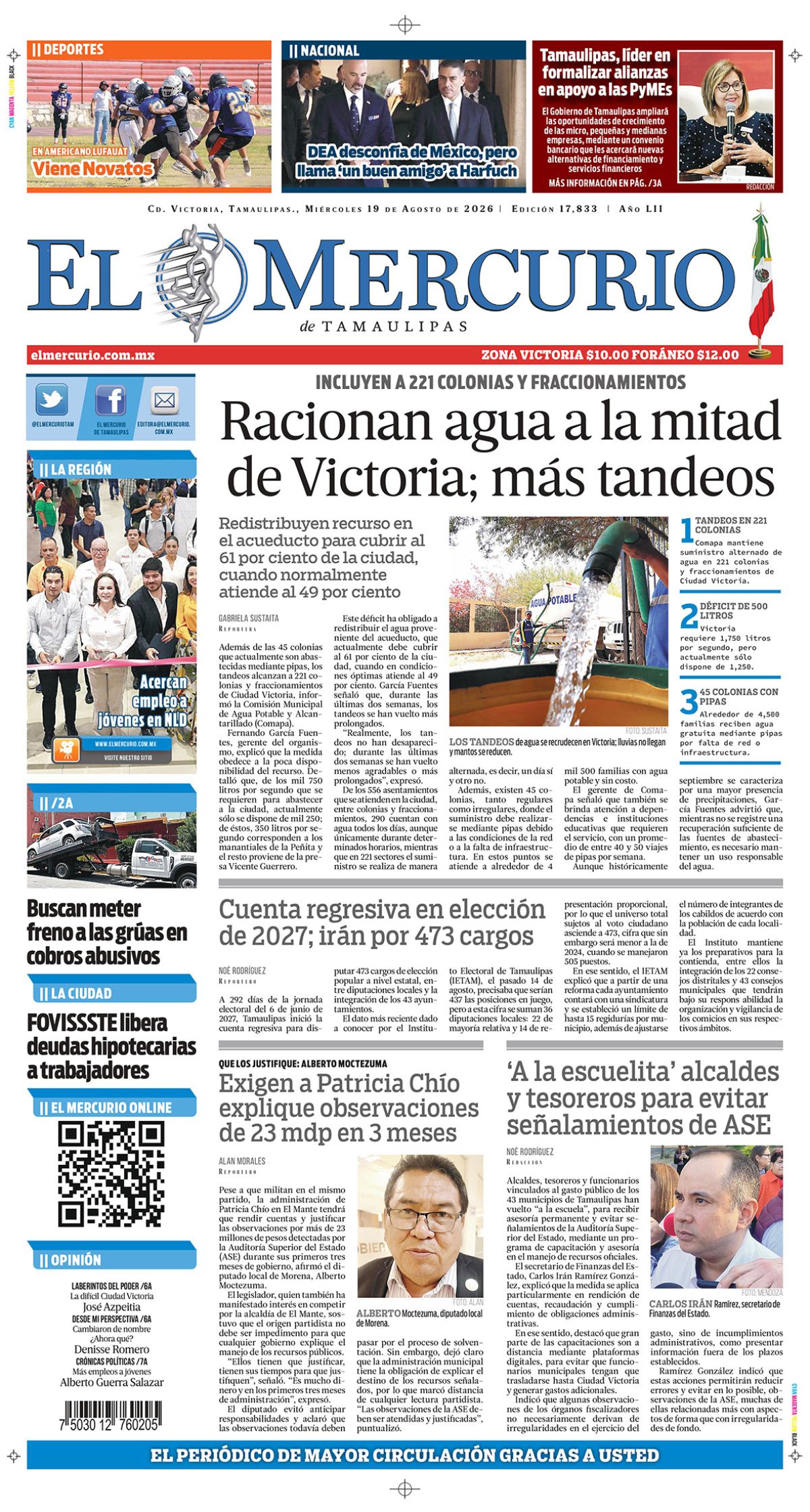 Racionan agua a la mitad de Victoria; más tandeos