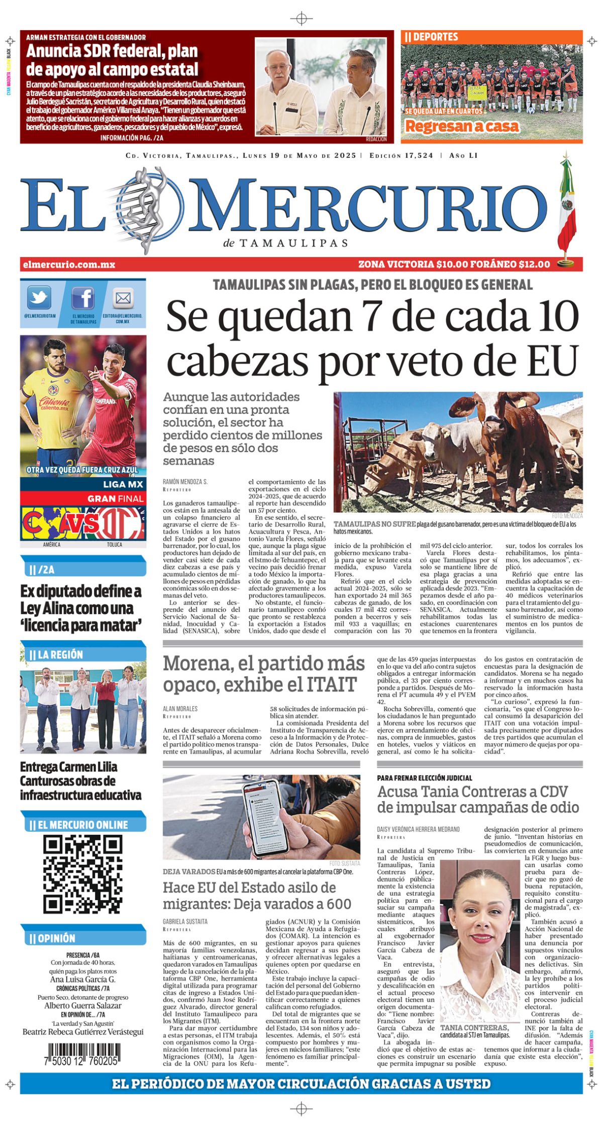 Se quedan 7 de cada 10 cabezas por veto de Estados Unidos