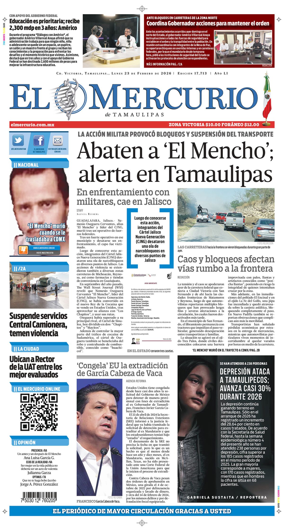 Abaten a “El Mencho’; alerta en Tamaulipas
