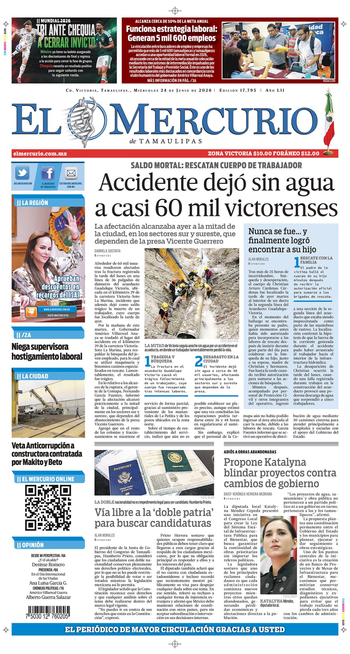 Accidente dejó sin agua a casi 60 mil victorenses