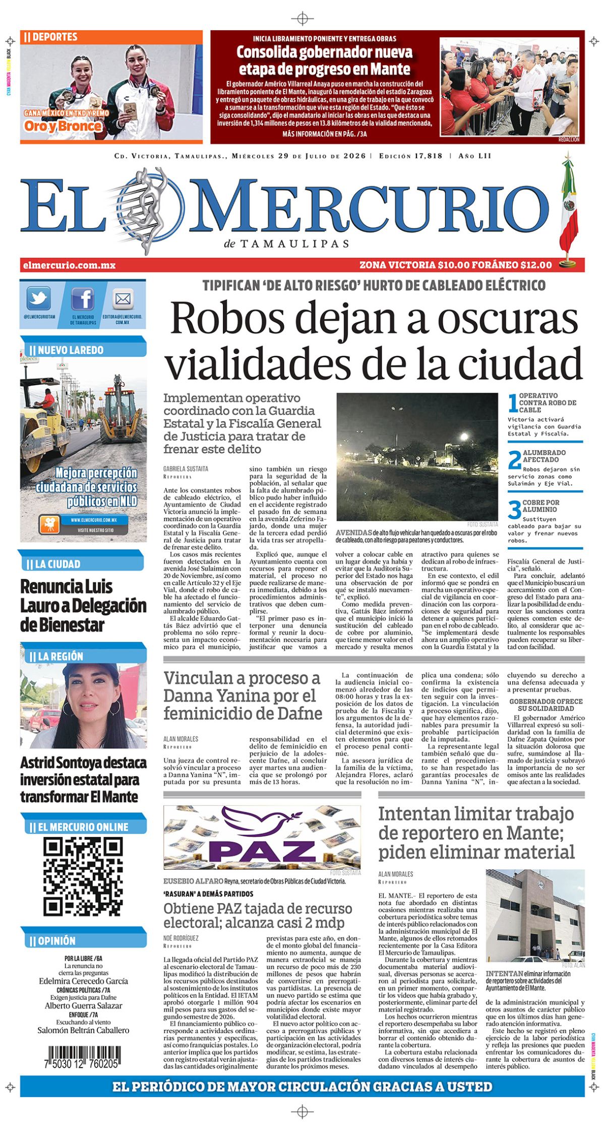 Robos dejan a oscuras vialidades de la ciudad