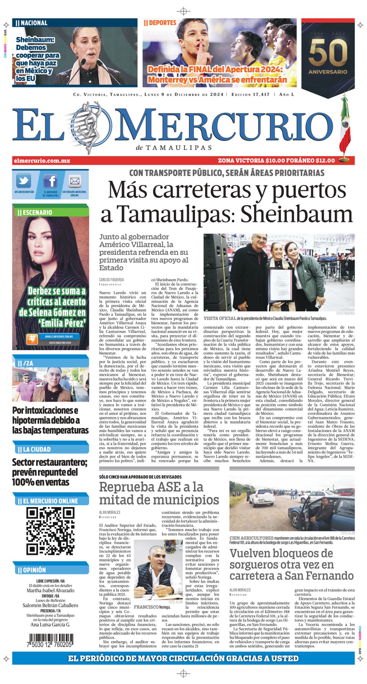 Más carreteras y puertos a Tamaulipas: Sheinbaum