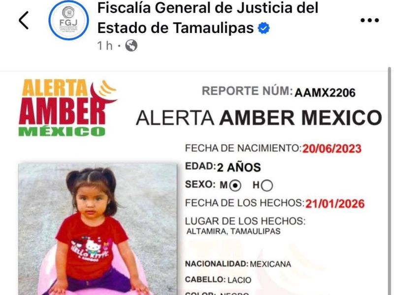 Después de 4 meses, activan Alerta Amber por Sofía Paola en Tamaulipas