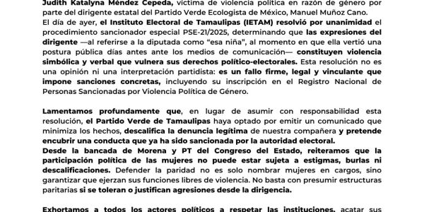 Morena y PT exigen respeto al fallo del IETAM y denuncian intento del Verde de minimizar sanción