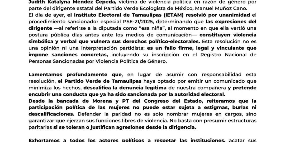 Morena y PT exigen respeto al fallo del IETAM y denuncian intento del Verde de minimizar sanción