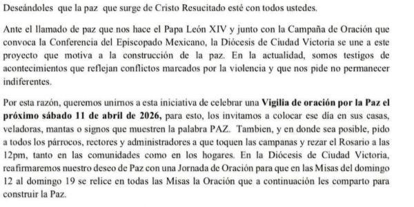 Convoca la Iglesia católica a orar por la paz