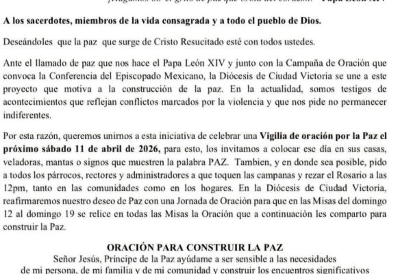 Convoca la Iglesia católica a orar por la paz