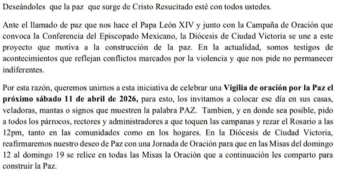 Convoca la Iglesia católica a orar por la paz