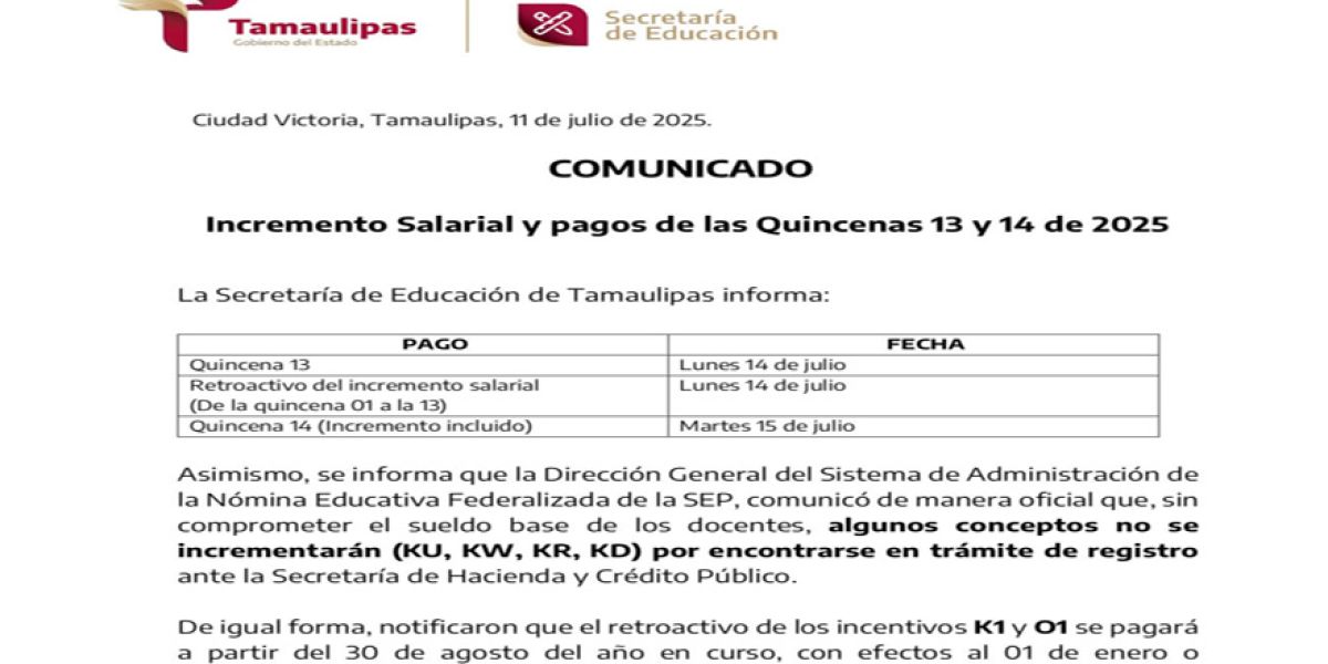 Anuncian fechas de pago y aumento salarial para el magisterio en Tamaulipas