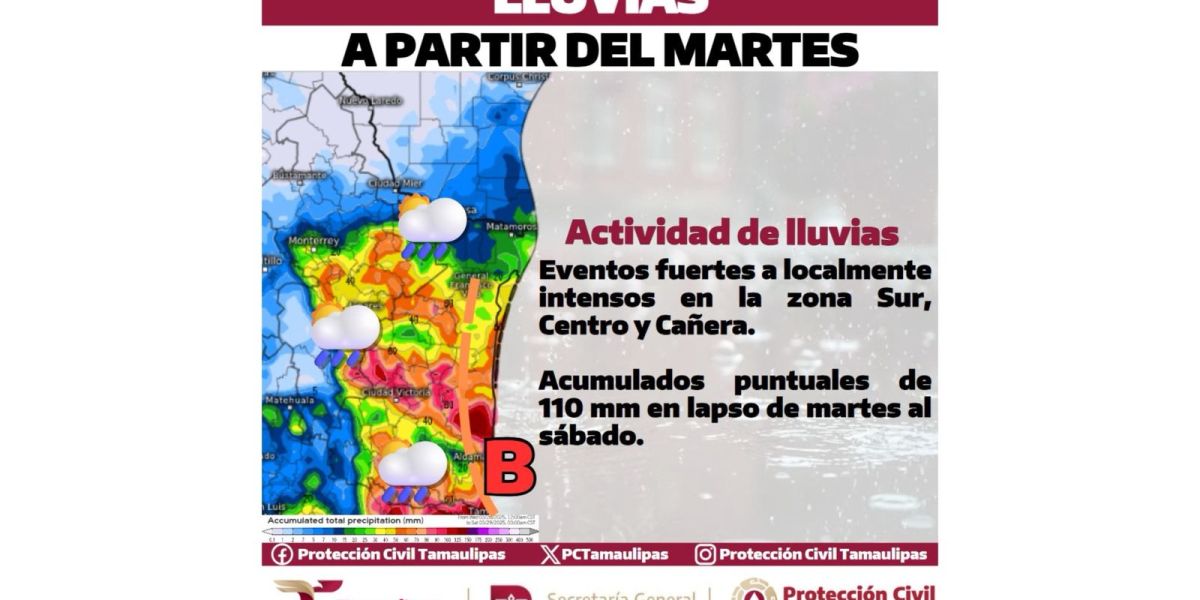 Pronostican lluvias a partir de hoy y hasta el viernes en Tamaulipas