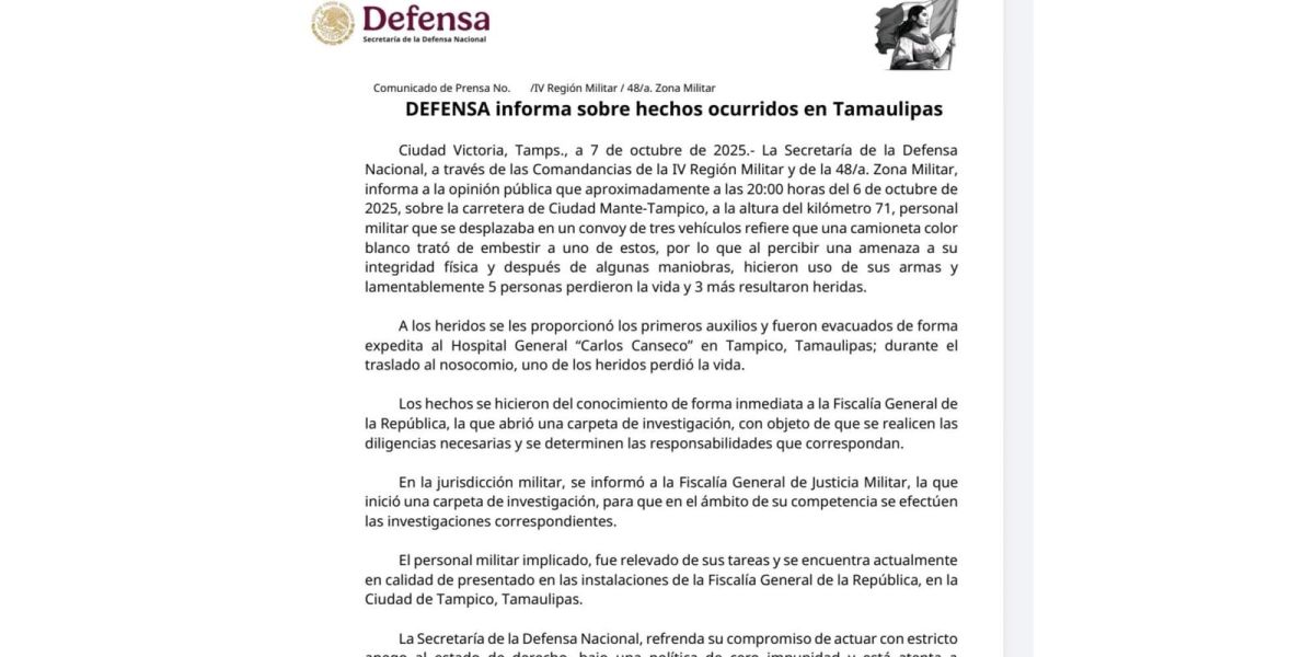 SEDENA releva a militares tras hechos en carretera Mante–Tampico