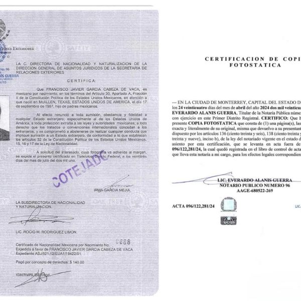 Renunció Cabeza de Vaca a protección de EU desde 2001, revela certificado