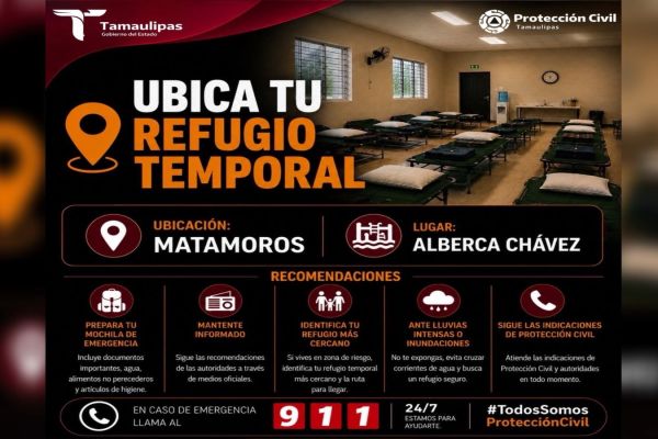 Habilita Protección Civil refugios temporales en Reynosa, Matamoros y Río Bravo ante condiciones meteorológicas