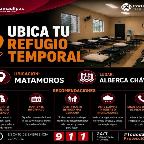 Habilita Protección Civil refugios temporales en Reynosa, Matamoros y Río Bravo ante condiciones meteorológicas