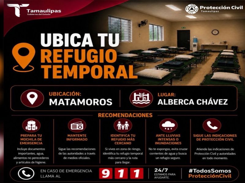 Habilita Protección Civil refugios temporales en Reynosa, Matamoros y Río Bravo ante condiciones meteorológicas