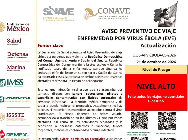Piden evitar viajes a países de África por alerta de ébola