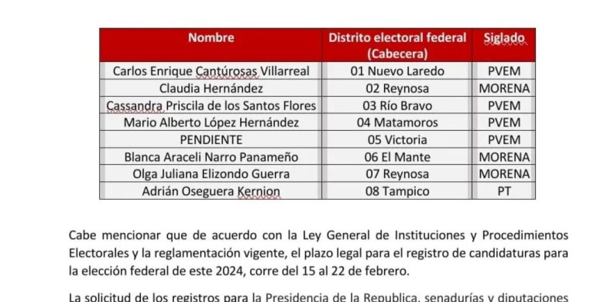 Así la lista de candidaturas federales de Morena en Tamaulipas