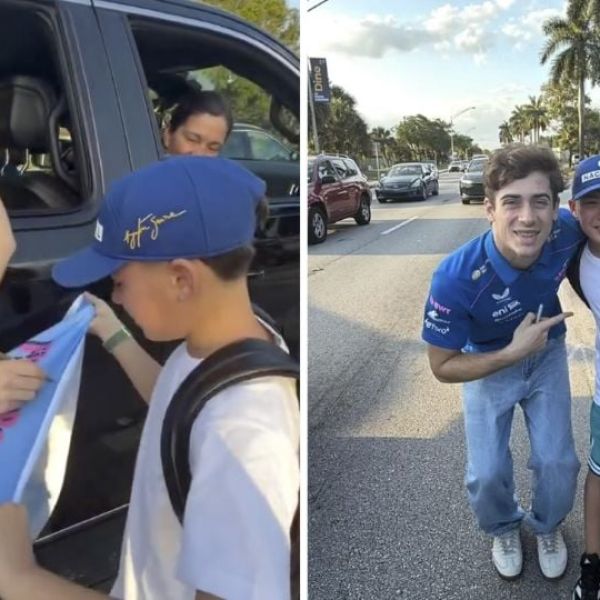 Franco Colapinto, piloto de F1, para el tráfico en una autopista para darle un autógrafo a un niño que llora de emoción